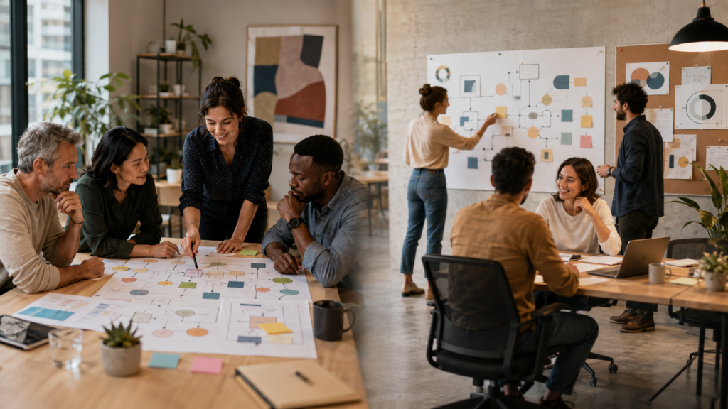 Business operations consultant working with a leadership team while an internal team independently manages workflows and processes.