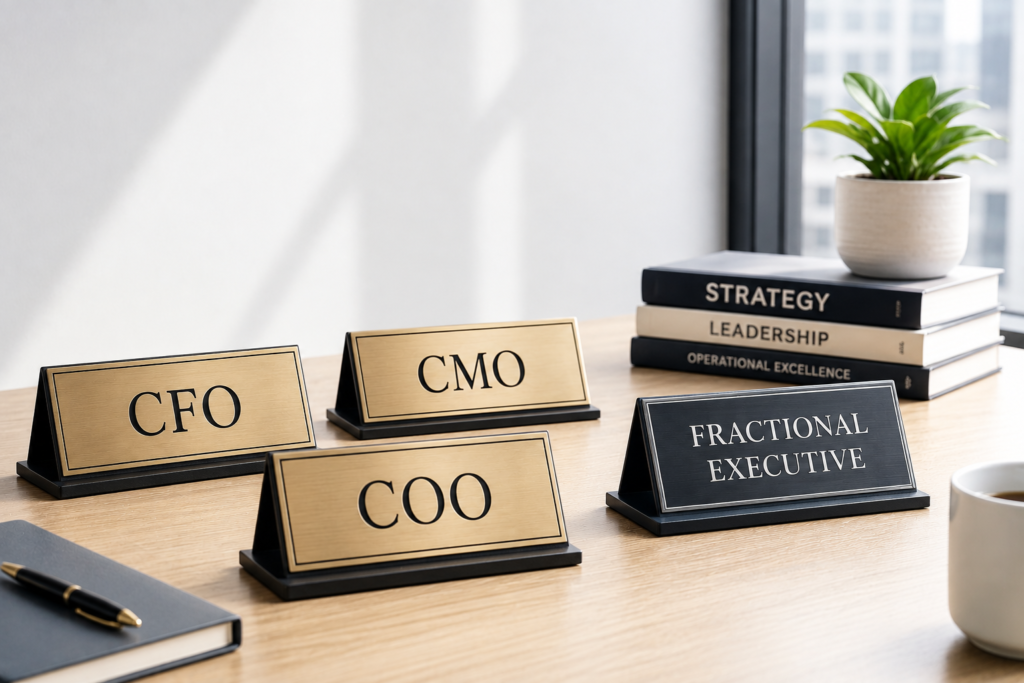 C-suite nameplates sit on a desk, accompanied by a nameplate with "Fractional Executive" written on it
