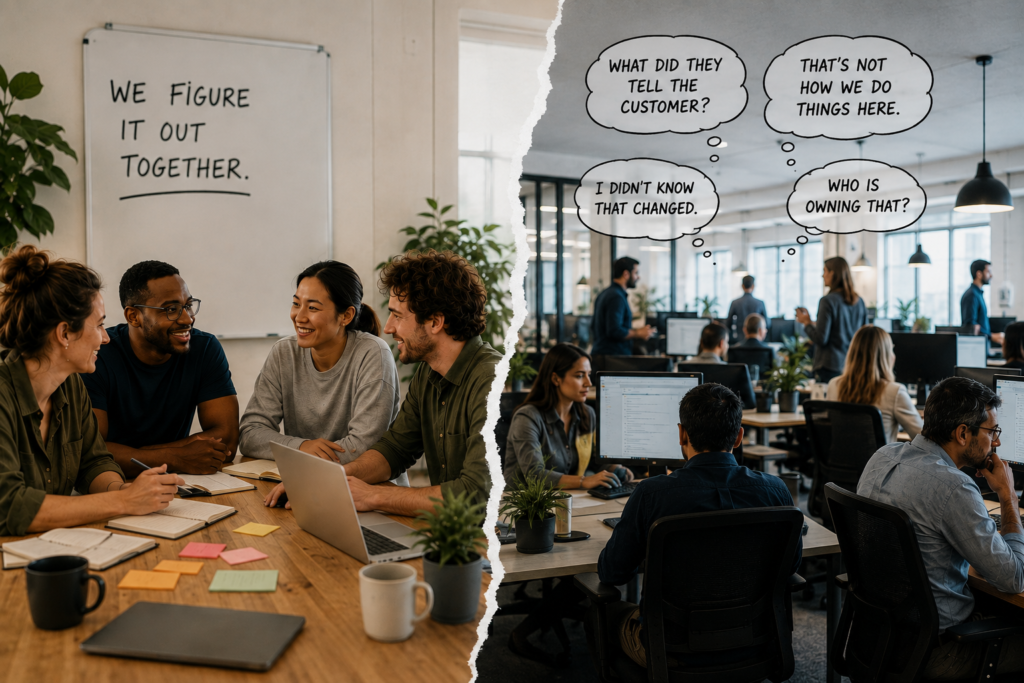 Small team collaborating beside a larger office team experiencing communication gaps as company culture scales.