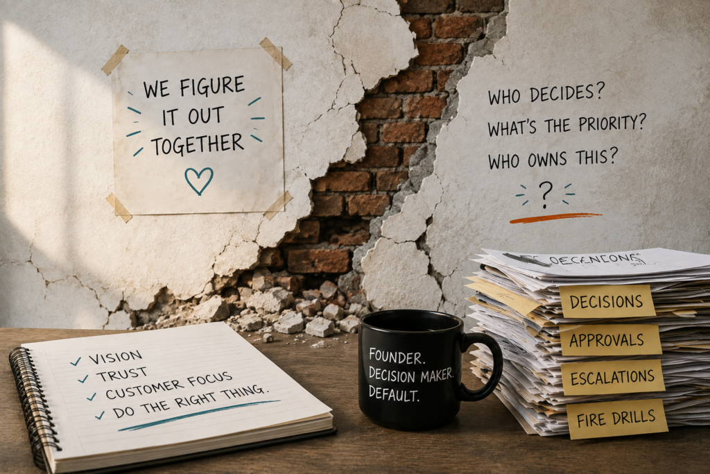 Cracked office wall representing scaling company culture as a growing business outgrows informal systems.