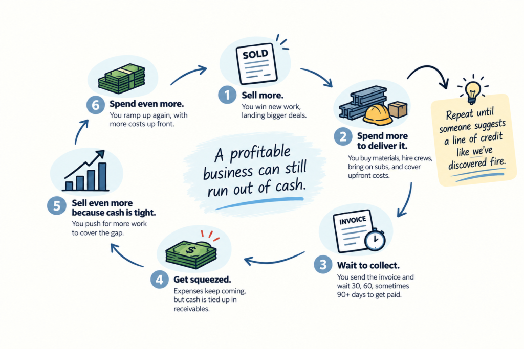 The Cash Flow Cycle: Sell more. Spend more to deliver it. Wait to collect. Get squeezed. Sell even more because cash is tight. Spend even more. Repeat until someone suggests a line of credit like we've discovered fire.