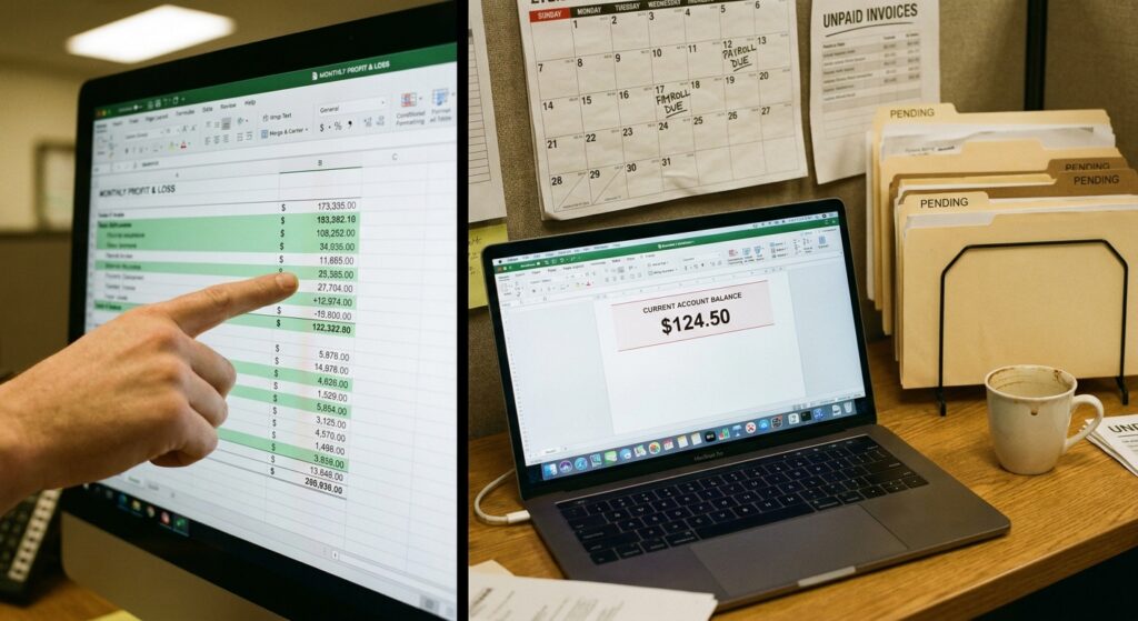 Business owner reviewing a profitable P&L while unpaid invoices, payroll dates, and a low cash balance show the gap between profit and cash flow.