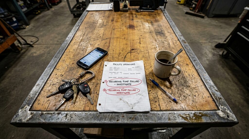 Industrial workbench with coffee, keys, phone, and service notes showing a recurring operational problem in a small business.